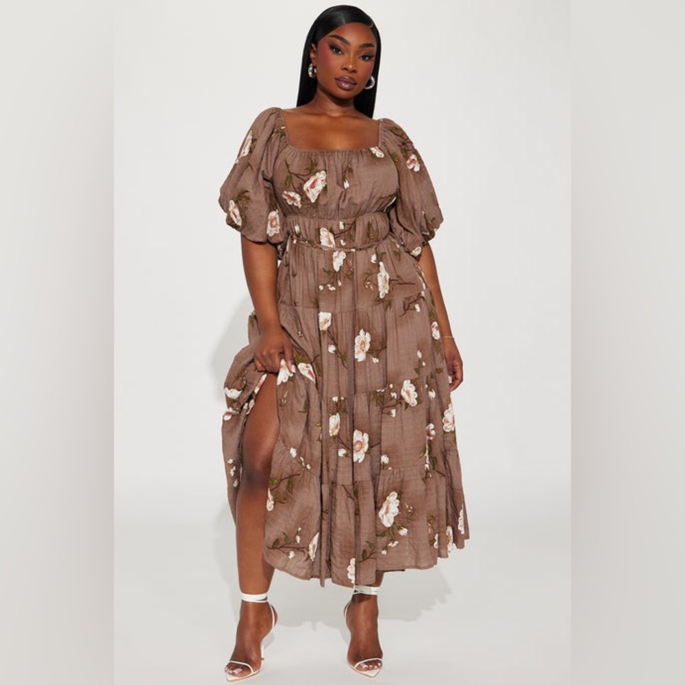 Magnolia Tiered Midi Dress - Floral Brown Midi Dress - Picture 3 of 8